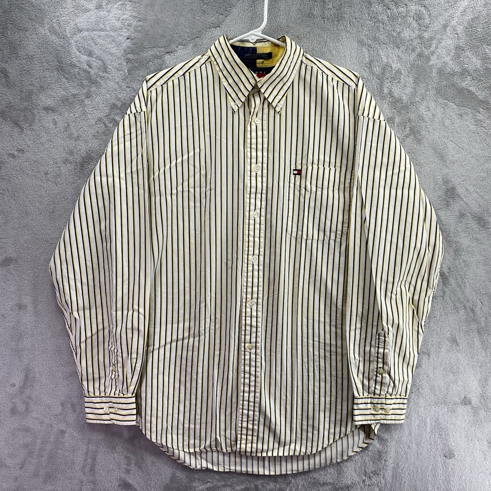 Tommy Hilfiger Men Large Yellow Navy Striped Cotton Button Down Shirt Vintage